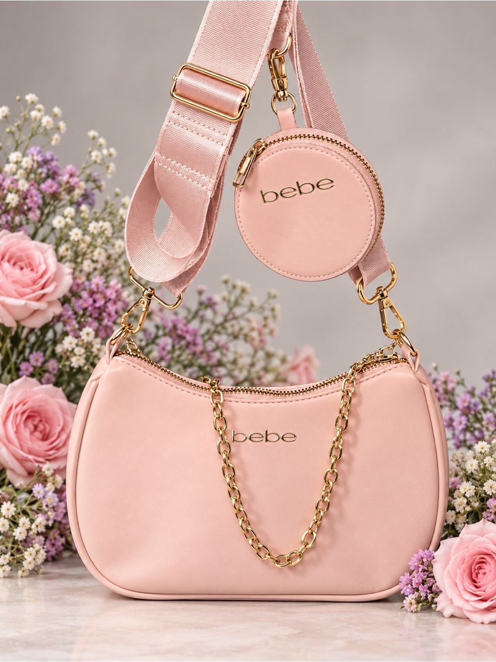 bebe Pink Mini Shoulder Bag with Coin Pouch and Gold Chain